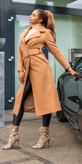 Hosszú női kabát övvel - Capuccino (S-XL) (Szállítási idő:)