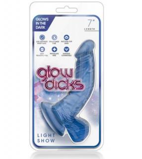 GLOW DICKS LIGHT SHOW BLUE - Élethű dildó, tapadókorongos 18,5 cm