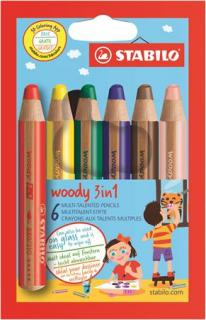 Színes ceruza készlet, kerek, vastag, "Woody 3 in 1", 6 különböző szín