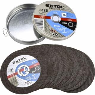 EXTOL PREMIUM vágókorong 10 db, acélhoz/inoxhoz, kék; 125×1×22,2mm, max 12200 ford/perc, fémdobozban (8808103)