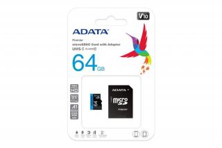 ADATA MicroSD kártya - 64GB microSDXC UHS-I Class10 A1 V10 (R/W: 100/25 MB/s) + adapter