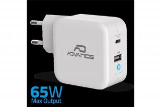 Advance telefon töltő adapter - POWERFLEX TURBO 65W (USB-C+USB-A, 65W, fehér)