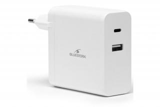 Bluestork Hálózati töltő - PW-NB-65-C-W (USB-C, USB-A, 65W, 1.8m kábel, Fehér)