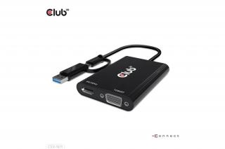 Club 3D Átalakító - CSV-1611(USB-C (USB-A Adapterrel) to Dual HDMI (4K/30Hz) / VGA (1080/60Hz))