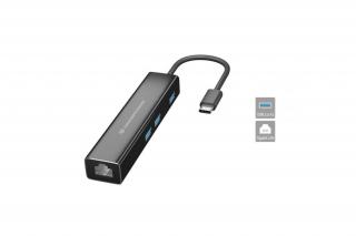 Conceptronic USB Hub - DONN07B (USB-C to 3xUSB-A 3.0+RJ-45, fekete)