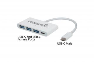 Manhattan USB HUB - Type-C-ről  3db USB 3.0-ra+1db USB Type-C, Power Delivery, Fehér