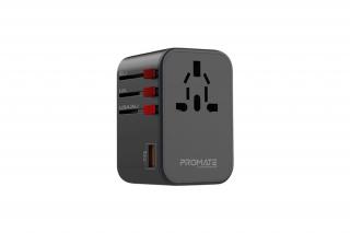 Promate Univerzális adapter - TRIPMATE GAN65 (1xUSB-A, 2xUSB-C, 65W PD, QC3.0, US/UK/EU dugó, fekete)