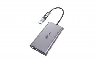 Promate USB Hub - PRIMEHUB MST (USB-C 9in1 HUB, 2x4K HDMI, VGA, 2xUSB 3.0, 1xUSB 2.0, 2xUSB-C, RJ45, adapter, szürke)