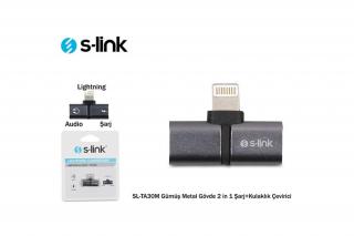 S-Link Átalakító - SL-TA30M (Bemenet: Lightning, Kimenet: 2xLightning, iphone töltés és fejhallgató, fém, szürke)