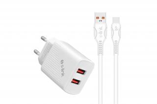 S-Link Hálózati töltő - SL-EC50T (2db USB, 5V/2.4A, 12W, Gyorstöltés, USB Type-C, 100cm adat+töltőkábel, fehér)