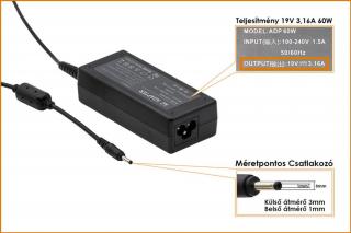 Samsung 19V 3.16A 60W 3mm x 1mm helyettesítő új töltő (AD-6019P)