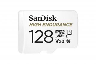 SanDisk MicroSD kártya - 128GB microSDXC High Endurance (100 MB/s, Class 10 U3, V30) + adapter