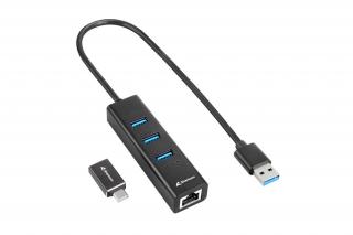 Sharkoon USB Hub - Aluminium Hub Type-C adapter + RJ45 (3port; USB3.2 Gen 1; Fekete)