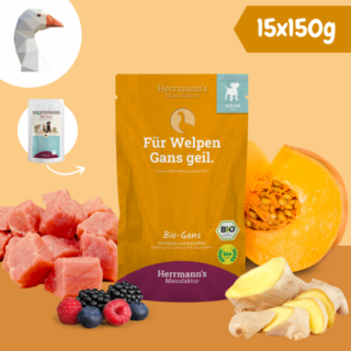 Bio libahús párolt menü kölyökkutyáknak - bio sütőtök, bio bogyós gyümölcsök 15 x 150 g, Herrmanns