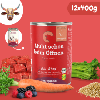 Bio marhahús párolt menü kutyáknak - bio sárgarépa, bio amaránt 12 x 400 g, Herrmanns