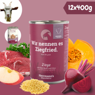 Kecskehús párolt menü érzékeny emésztésű kutyáknak - bio cékla, bio sütőtök 12 x 400 g, Herrmanns