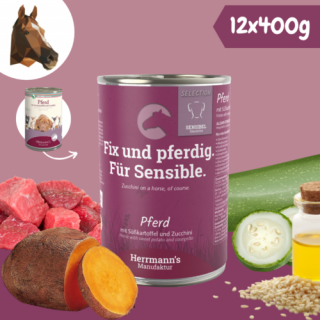 Lóhús párolt menü érzékeny emésztésű kutyáknak - bio édesburgonya, bio cukkini 12 x 400 g, Herrmanns