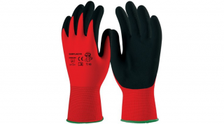 Védőkesztyű, latex, mártott, fekete, piros textil kézháttal, 11 (10pár/csomag)