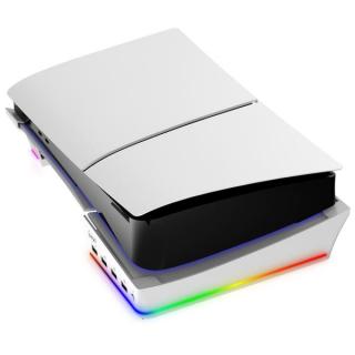 PS5 Slim vízszintes dokkoló állvány RGB fénnyel, 4 USB HUB, fehér