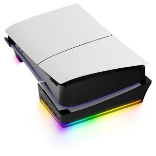 PS5 Slim vízszintes dokkoló állvány RGB fénnyel, 4 USB HUB, fekete