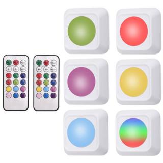 Távirányítós RGB színes éjszakai fény, (6 db-os) elemes szekrény lámpa készlet (2 távirányító + 6 lámpa)
