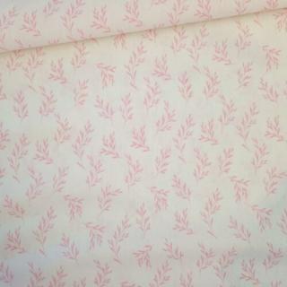 Rózsaszín leveles pamut puplin - fehér alapon