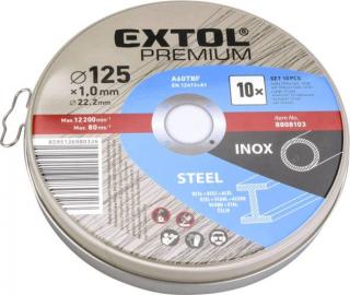 Extol Premium vágókorong 10 db, acélhoz/inoxhoz, kék; 125×1×22,2mm, max 12200 ford/perc, fémdobozban (8808103)