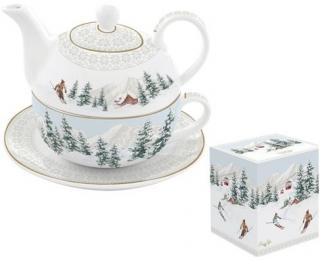 Chalet/hegyi kunyhó egyszemélyes porcelán teáskészlet dobozban