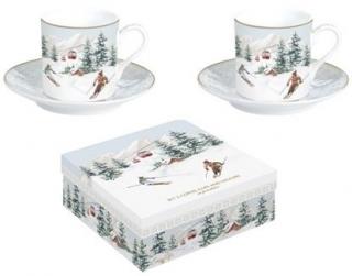 Chalet/hegyi kunyhó porcelán espresso csésze aljjal szett dobozban