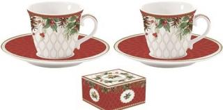 Christmas Berries 2 személyes porcelán espressocsésze+alj szett, dobozban