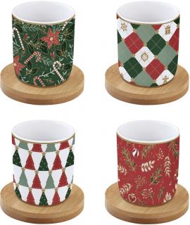 Coffee Mania Christmas porcelán csésze bambusz aljjal 4 darabos szett dobozban