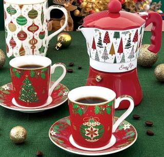 Coffee Mania Jingle Bells 2 személyes espresso csésze aljjal, kávéfõzõ szett dobozban