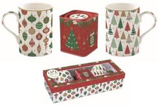 Coffee Mania Jingle Bells porcelán bögre szett fém teásdobozzal, ajándékszett dobozban