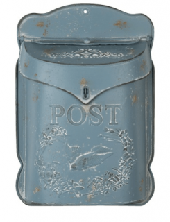 Fém postaláda madárkával, koszorúval, szürkés kék, antikolt