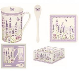 Lavender Field porcelán bögre és kanál, parafa poháralátét, díszdobozban