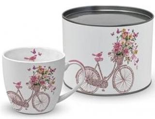 Porcelán bögre, bicikli virágokkal, dobozban