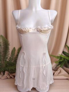 Khimera fehér mellemelős babydoll szett – nyitott mellrész, tüll, állítható tanga