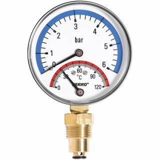 Ferro Termomanométer alsós csatlakozású 0-120°C, 6 bar, számlap Ø80 mm, 1/2" TM80R