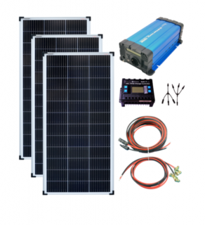 Szigetüzemű napelem rendszer 3x100W napelem + 1000W szinusz inverter + töltésvezérlő 30A