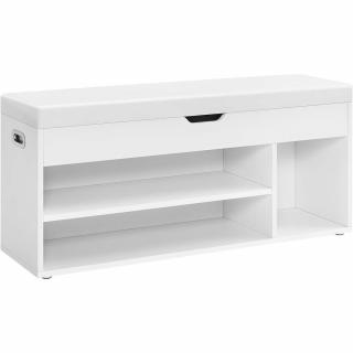 Cipős pad párnával, tárolópad párnázott ülőfelülettel, 3 rekeszes, fehér