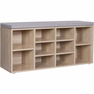 Cipőtároló pad 10 rekesszel, Cipőpad párnával 104 x 30 x 48 cm, tölgy színű