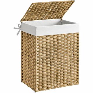 Kézzel szőtt szennyestartó, 90 literes, szintetikus rattan ruháskosár natúr