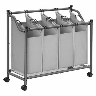 Szennyeskosár görgőkkel 4 x 35L, 4 kivehető táskával, szürke