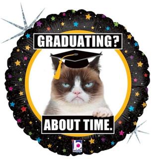 Fólia lufi ballagásra Grumpy cat ballagós kalapban "Graduating? About time" felirattal 45 cm