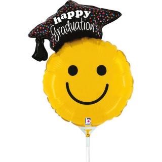 Fólia lufi ballagásra "Happy Graduation" smiley ballagó kalappal pálcás 35 cm