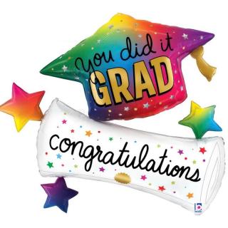 Fólia lufi ballagásra "You did it grad congratulations" szivárványos ballagó kalap 109 cm