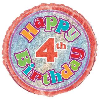 Fólia lufi Happy 4th Birthday prizmás hologramos 45 cm 055491