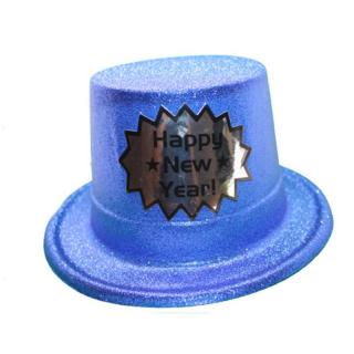 Glitteres kalap cilinder Happy New Year felirattal kék színben 56 cm