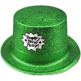 Glitteres kalap cilinder Happy New Year felirattal zöld színben 56 cm