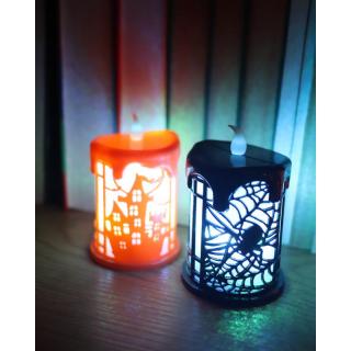 Halloween LED mécses narancs vagy fekete pókháló mintával 6,3x8cm BB112474